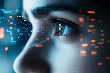 A close-up image of an eye with digital data and graphs reflected on the iris, symbolizing insight and the interface between human cognition and technology.