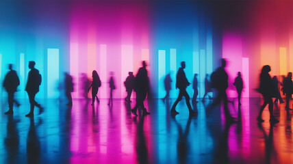 ネオンカラーに包まれた未来的な都市の群衆