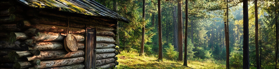Obraz premium A humble log cabin nestled among tall trees, with a handwoven basket hanging on the door knob.