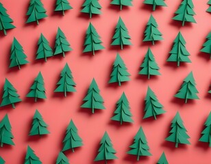 Fototapeta premium Minimal composition pattern background of green Christmas trees on pastel red. New Year concept.
