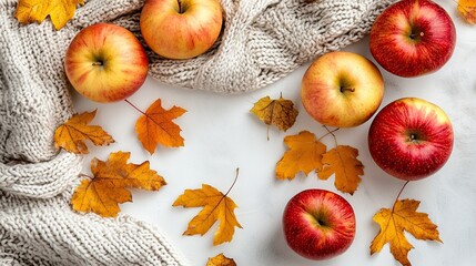 Apples autumn leaves and a cream colored knitted scarf arranged on a white surface.