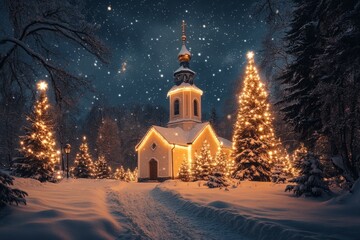 Fototapeta premium Warm christmas lights illuminating a small church covered in snow at night, creating a magical and festive atmosphere