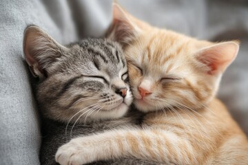 Fototapeta premium Two adorable kittens are sleeping and hugging each other on a soft blanket, showcasing a heartwarming scene of feline affection