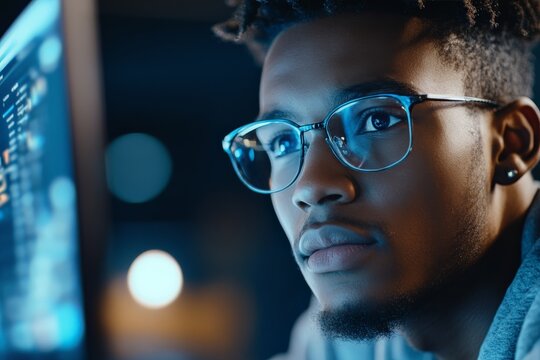 A close-up of a person wearing glasses, concentrating intently on a computer screen with lines of code, representing dedication and focus in tech-related tasks.