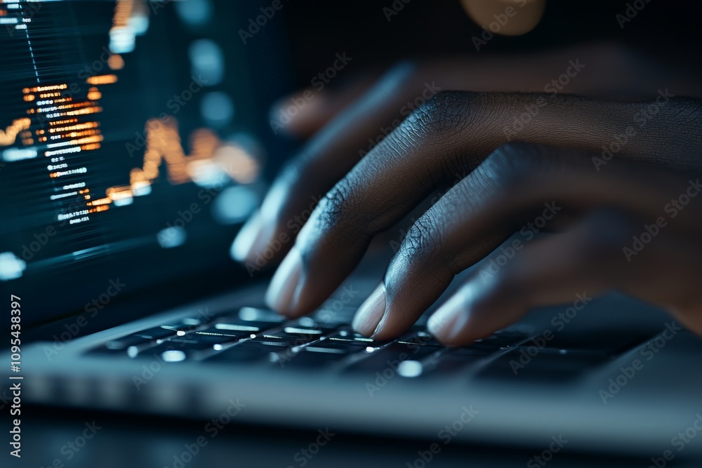 Poster close-up of hands typing on a laptop as data graphs and charts are visible on the screen, representi