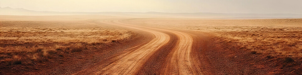 Naklejka premium Close-up shot of a dusty, red earth road winding its way through a desolate landscape, leading to an indistinct horizon.