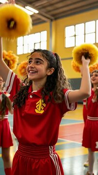 Cheerful young girl performs during a cheerleading practice in a vibrant gym with teammates in bright red uniforms