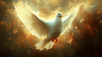Fototapeta premium White dove soars against a fiery, glowing background with wings outstretched. Concept of peace and freedom. For inspirational content.