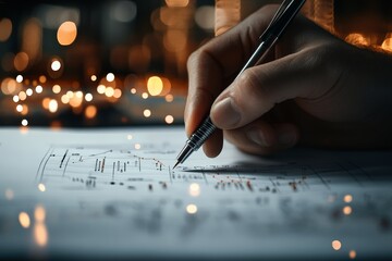 A hand carefully sketches a detailed blueprint on paper, illuminated by soft, artistic lighting, capturing the essence of creativity and precision in architectural work.
