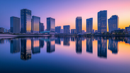 Fototapeta premium 大阪の朝、高層ビルに映る朝日と都市の息吹