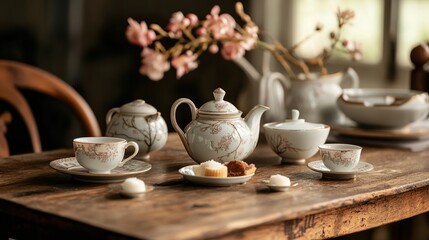 A wooden table with a tea set, including teapot, cups, and saucer.