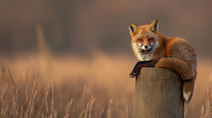 Ruhender Fuchs auf einem Holzpfosten in der Natur

