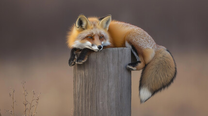 Obraz premium Ruhender Fuchs auf einem Holzpfosten in der Natur
