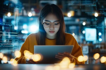 A focused young woman in glasses using a tablet in a tech environment, surrounded by digital data visuals, representing modern technology and information analysis.