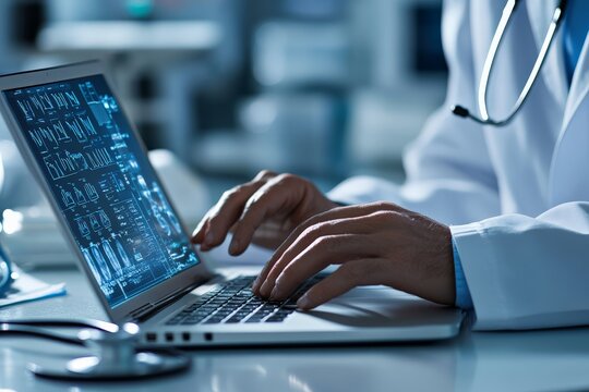 A doctor in a white coat working on a laptop with medical visuals, showcasing healthcare technology and clinical data analysis in a modern medical setting.