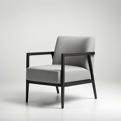 Obraz premium A cozy chair in neutral gray fabric with slim black armrests, placed against a white background.