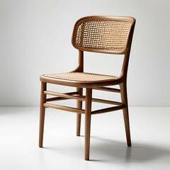 A wooden chair with a woven cane backrest and neutral upholstery, positioned on a white background.
