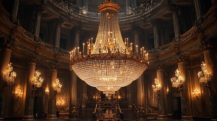 Obraz premium A large, ornate room with tall columns and a massive crystal chandelier.