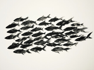 Schwarze Fische in einem grafischen Muster auf wei&szlig;em Hintergrund

