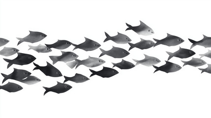 Schwarze Fische in einem grafischen Muster auf weißem Hintergrund

