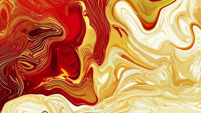 Abstract swirling patterns of red and gold hues blending over a light background showcasing fluid dynamics