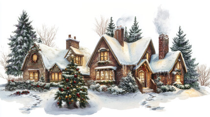 Fototapeta premium Snow-covered landscape with cozy cottages. Christmas atmosphere. Modern illustration. White background.