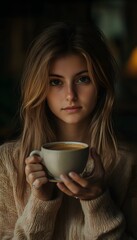 A woman holding a cup of coffee in front of her
