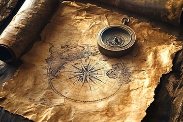 Antique compass lying on an old world map showing a compass rose, with two rolled maps behind, creates a vintage travel concept