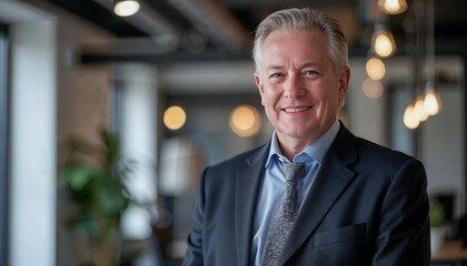  Happy mid aged older business man executive standing in office. Smiling 50 year old mature confident professional manager, confident businessman investor looking at camera,