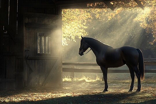 Majestic black horse stands in the golden light of dawn, just outside the open doors of a rustic wooden barn, creating a serene and picturesque rural scene