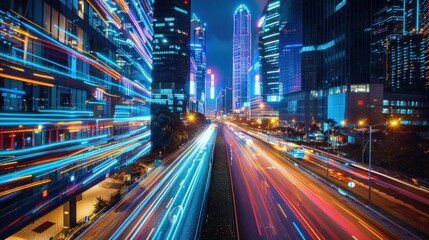 Fototapeta premium Nighttime cityscape with vibrant light trails and skyscrapers.