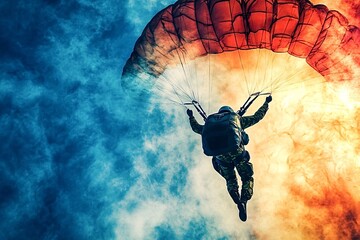 Brave paratrooper descends through smoke and clouds, showcasing courage and skill in military action. Vibrant colors and intense background add to the adventure