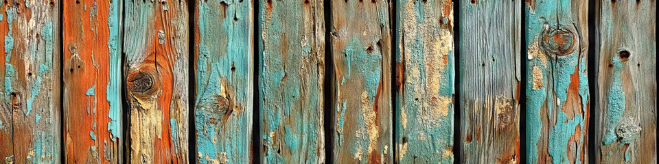 An up-close shot of a rustic wooden fence, with intricate patterns and peeling paint.