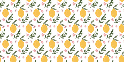 Seamless pattern of lemons with green leaves and pink flowers, perfect for summer-themed projects.