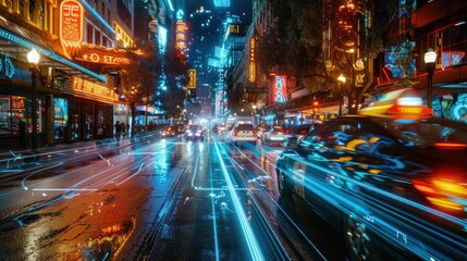 A vibrant city street at night, illuminated by neon lights and moving vehicles.