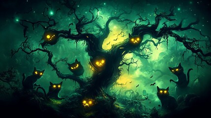 Spooky Halloween Forest with Black Cats and Glowing Eyes