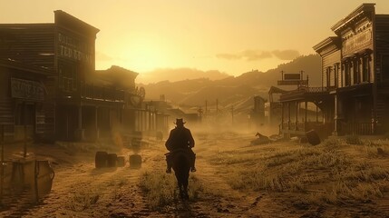 Fototapeta premium Silhouette of a Cowboy Walking Through a Wild West Town at Sunset