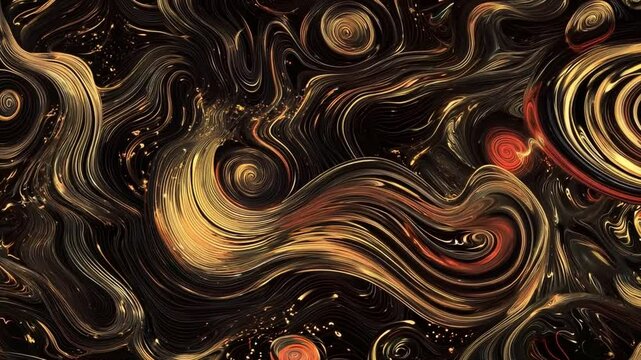 Abstract swirling patterns in golden and red hues on a dark background create a dynamic and artistic composition