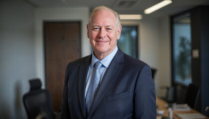 Fototapeta premium Smiling older bank manager or investor, happy middle aged business man boss ceo, confident mid adult professional businessman executive standing in office