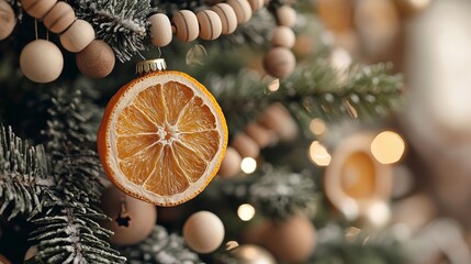 Close-up of a Christmas tree with orange slice ornament. Eco-friendly holiday decor, sustainable, concept.