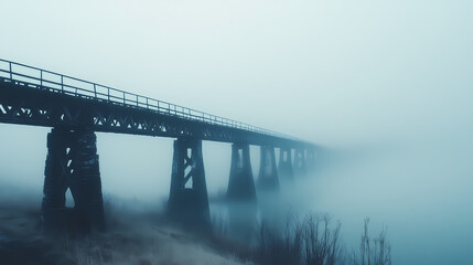 A foggy railroad bridge fades into the distance, shrouded by the haze of the landscape. Mysterious Foggy Bridge. Illustration