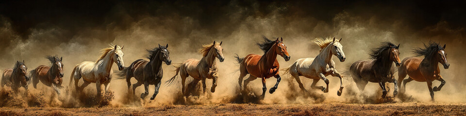 Fototapeta premium Wild horses thunder across the plains, kicking up dust and leaving a trail of chaos in their wake.