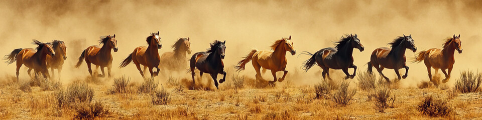 Obraz premium Wild horses thunder across the plains, kicking up dust and leaving a trail of chaos in their wake.