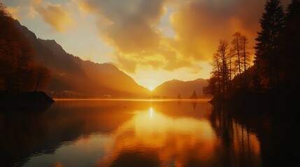 Obraz premium Fantastic autumn sunset of Hintersee lake 