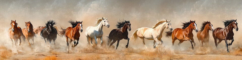 Fototapeta premium Wild horses thunder across the plains, kicking up dust and leaving a trail of chaos in their wake.