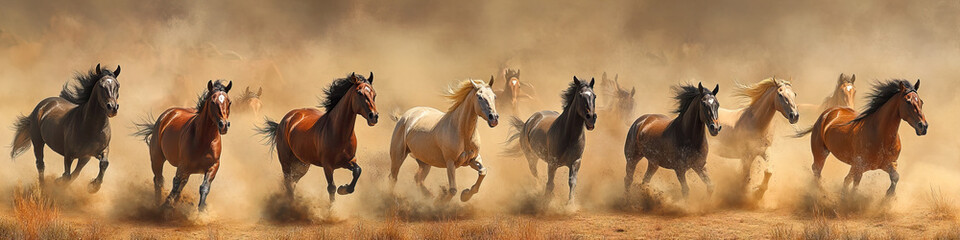 Wild horses thunder across the plains, kicking up dust and leaving a trail of chaos in their wake.