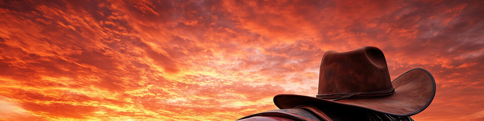 Obraz premium Solitary Rider: A rugged cowboy hat rests on a weathered saddle against a vivid sunset sky.