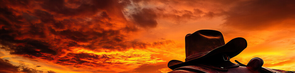 Fototapeta premium Solitary Rider: A rugged cowboy hat rests on a weathered saddle against a vivid sunset sky.
