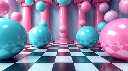Naklejka premium Vibrant spheres and pink columns indoors illustration. Abstract hall interior with checkered floor wallpaper scene artwork. Art deco trends background image digital art concept