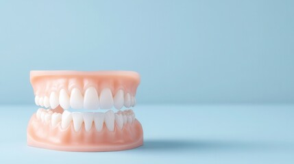 Detailed model showcasing human teeth arrangement against a blue background, highlighting the structure of incisors, canines, and molars mockup, mock up, template, empty, for text, place, copy space